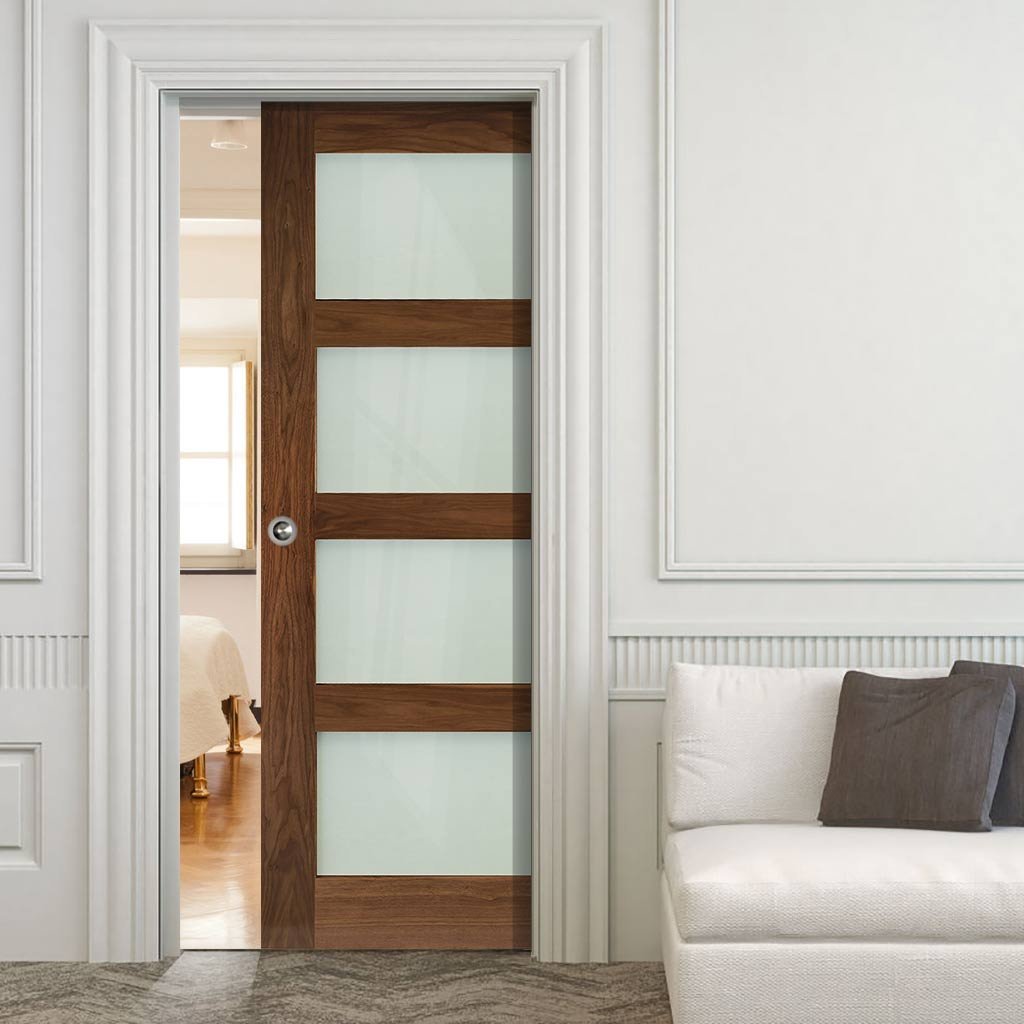 Coventry Walnut Shaker Style Single Evokit Pocket Door Frosted Glass 3823