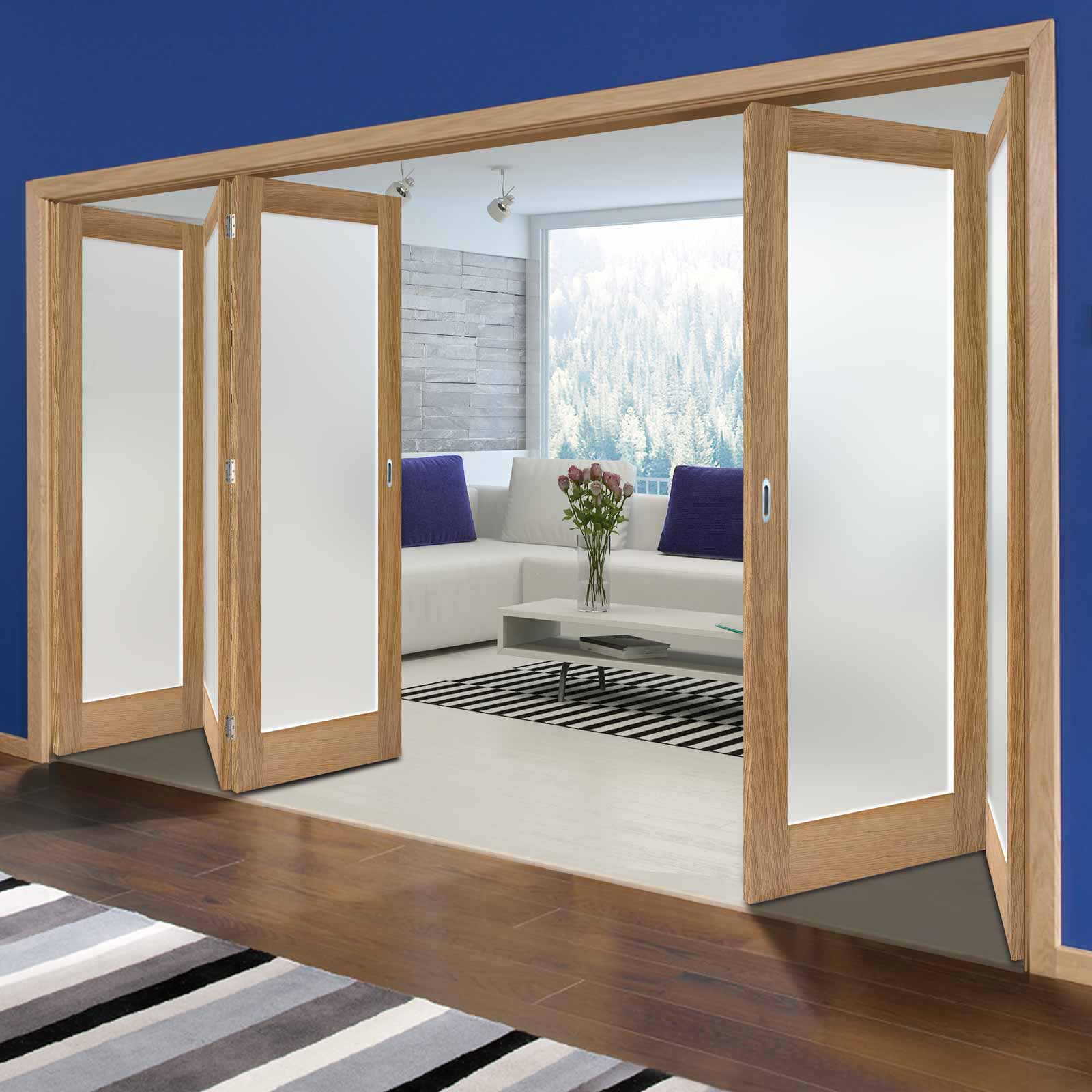 Five Folding Doors Frame Kit Pattern 10 Oak 3 2 Frosted Glass Unfinished