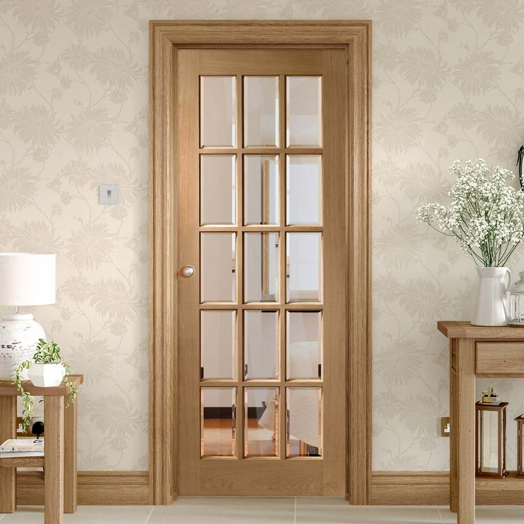 Prefinished SA 15L Oak Door - Bevelled Clear Glass - Choose Your Colou