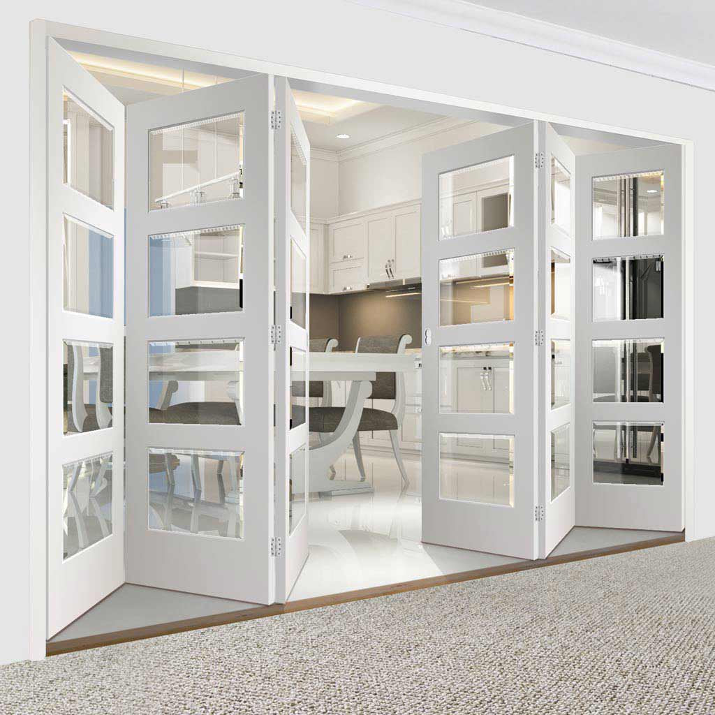 Six Folding Doors & Frame Kit - Severo White 4 Pane 3+3 - Clear Bevell