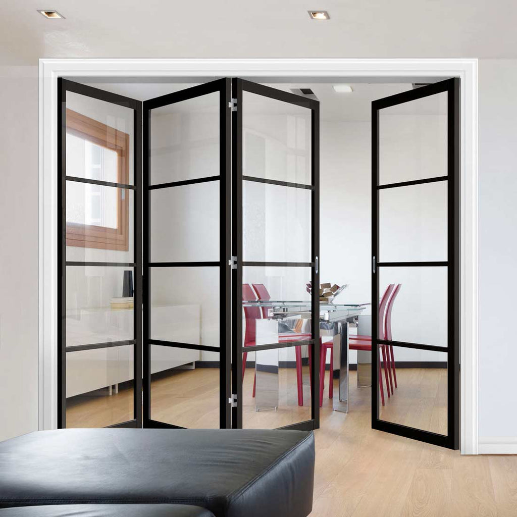 Four Folding Doors & Frame Kit - Soho 4 Pane 3+1 - Clear Glass - Black