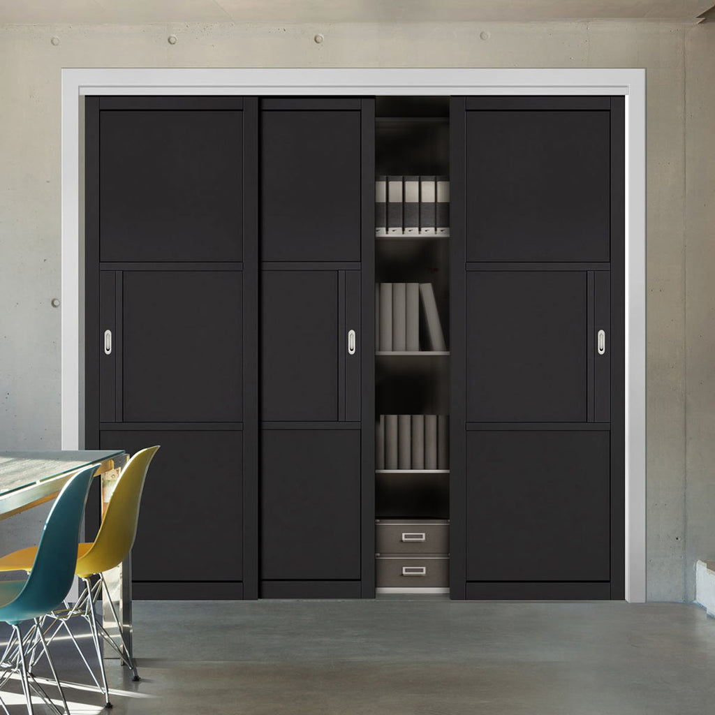 Three Sliding Wardrobe Doors & Frame Kit - Tribeca 3 Panel Black Prime