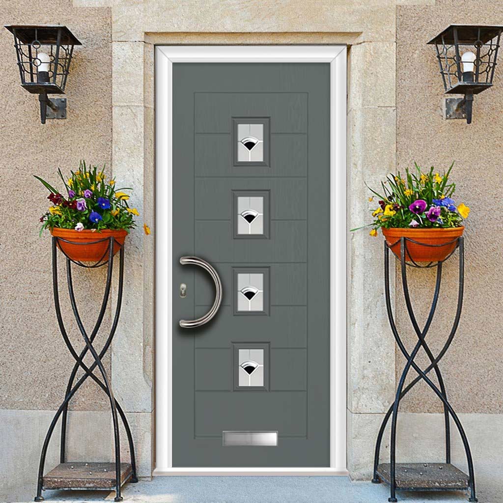 Aruba 4 Urban Style Composite Door Set with Polar Black Glass - Shown in Mouse Grey