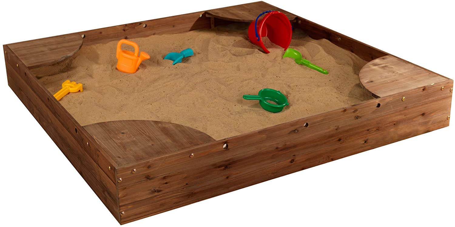 Wooden Backyard Sandbox With Built In Corner Seating And Mesh Cover