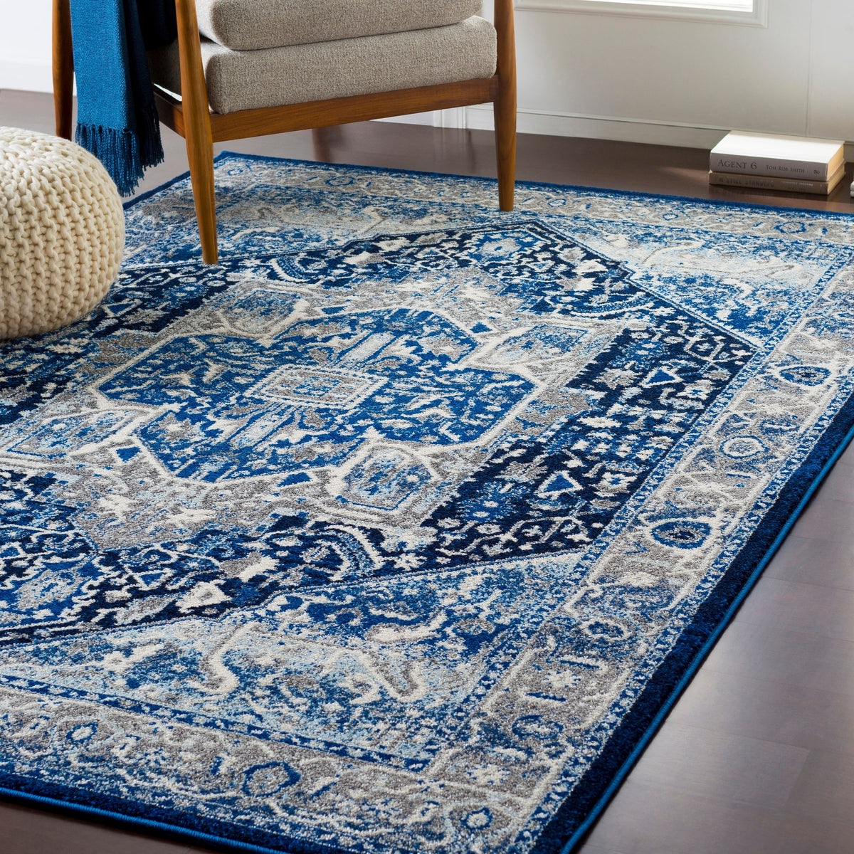 Traditional Navy Blue Gray White Area Rug – Modern Rugs and Decor