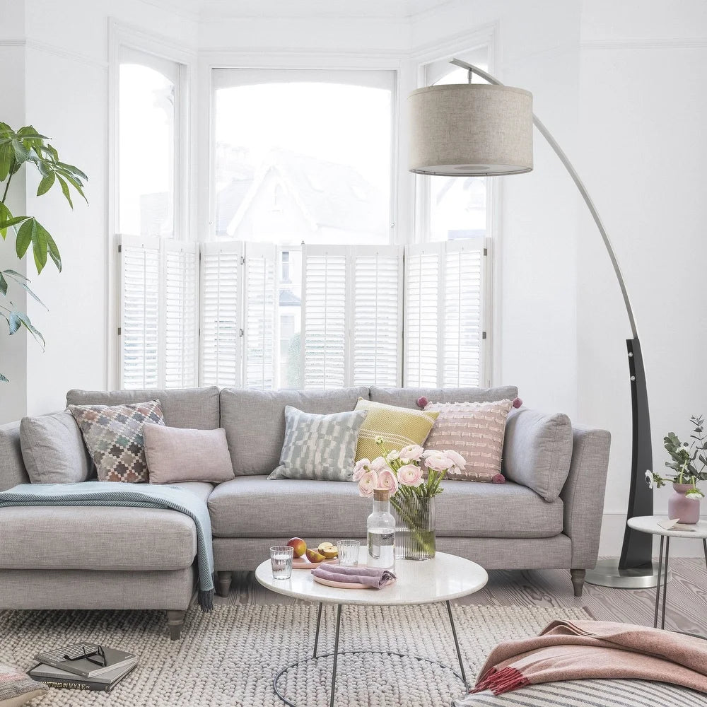 Q-Max Arched Floor Lamp with Drum Shade and Unique Black Wood Pole Base with Metal Base - Beige
