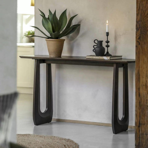 The Dahla walnut stained mango wood console table
