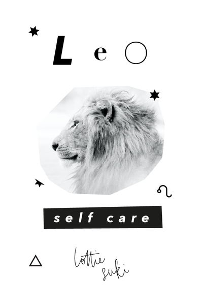 Image shows the profile of a lion surrounded by star and zodiac graphics, and reads 'Leo self care'.