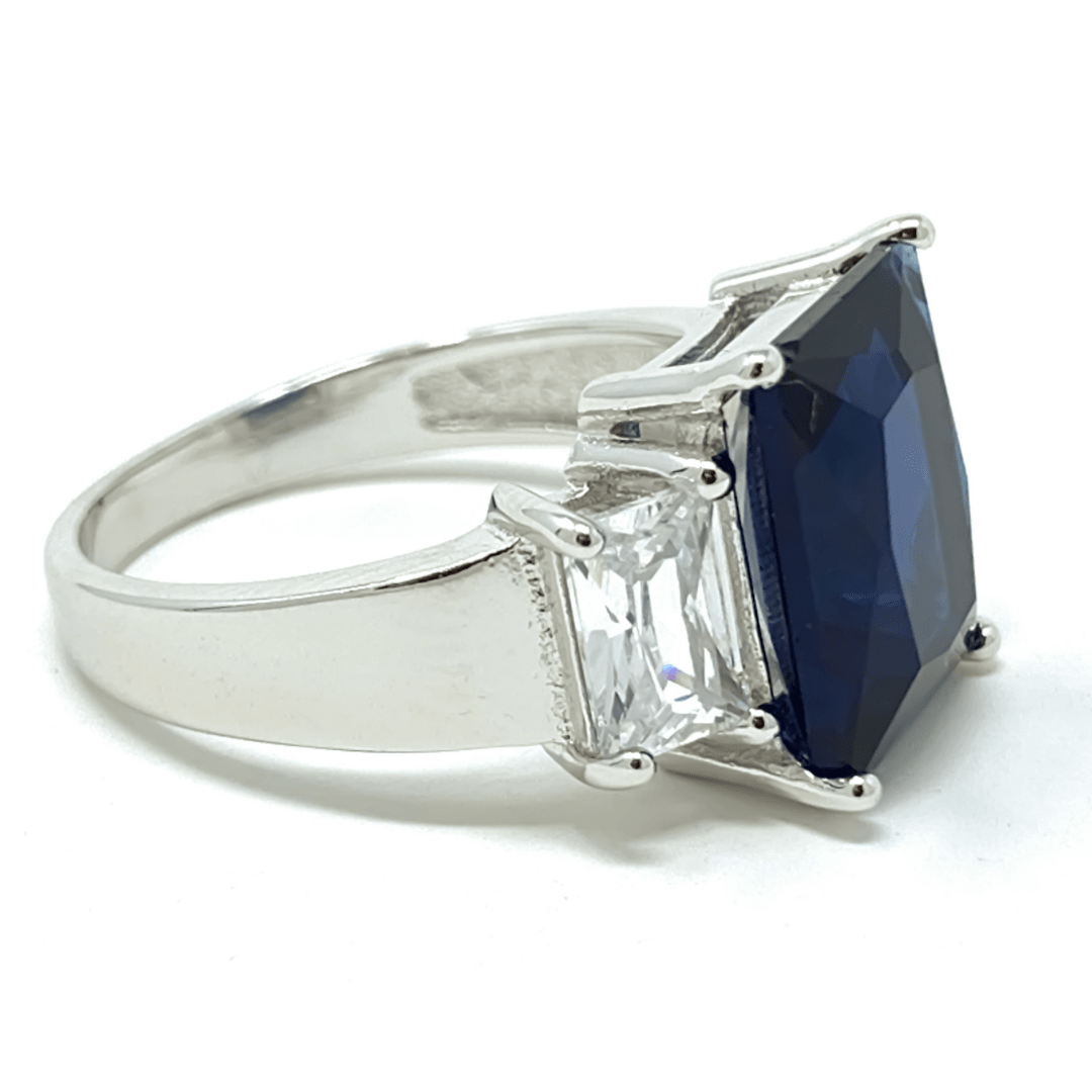 Blue Sapphire Radiant Cut & Baguette Cubic Zirconia Ring