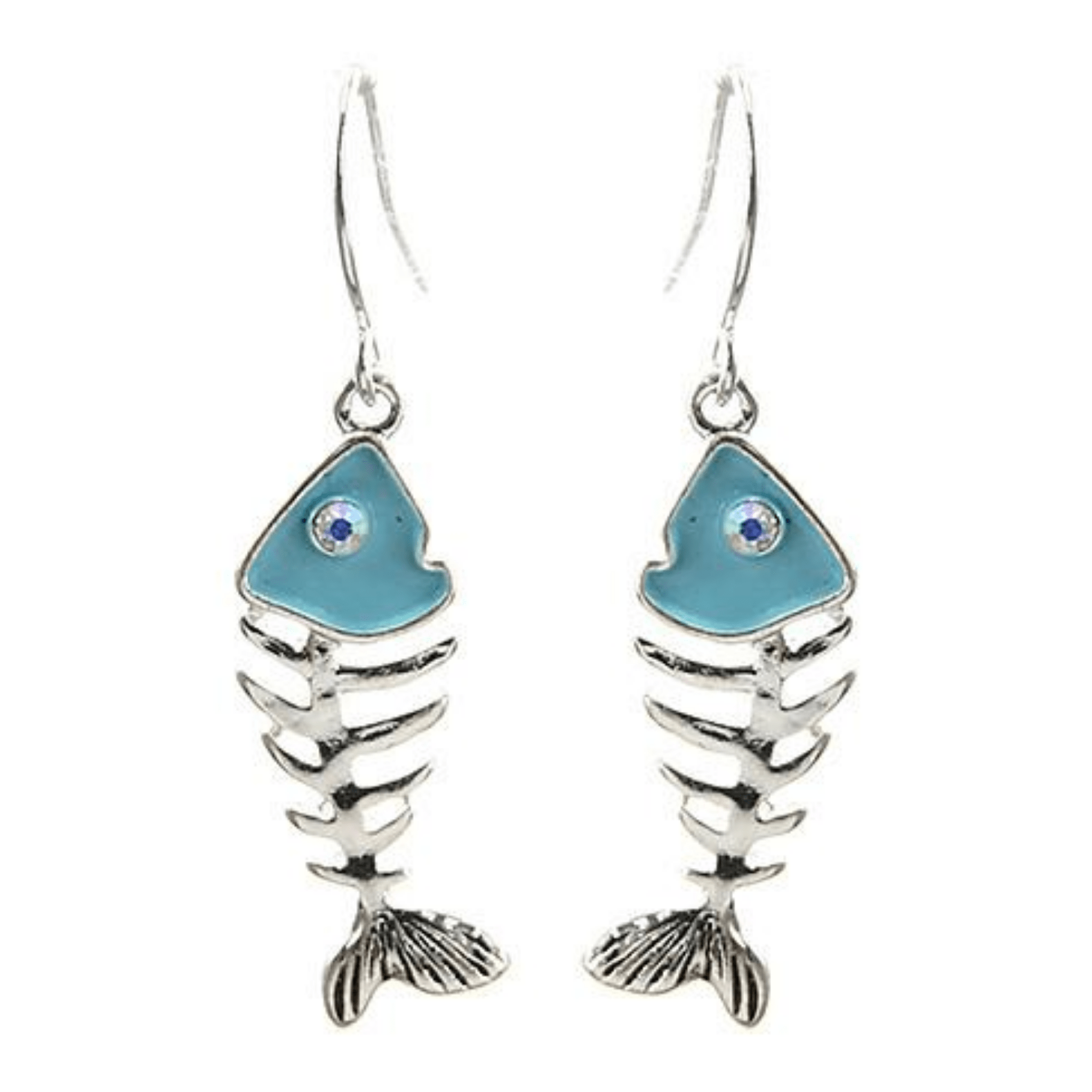 Turquoise & Silver Fish Bone Earrings - Fish Skeleton Beach Earrings