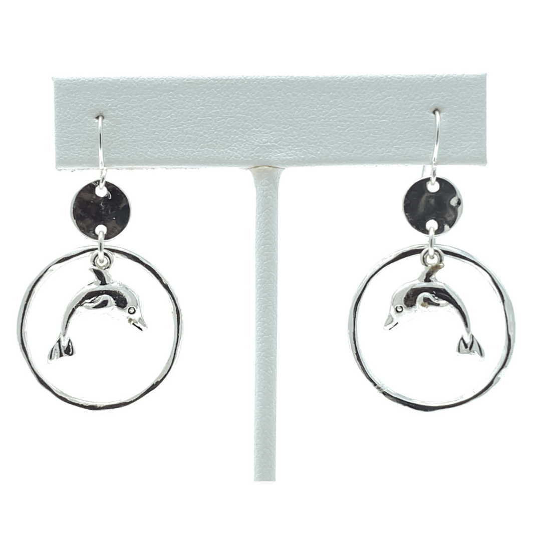 Hammered Circle Hoop Silver Dolphin Earrings - Dolphin Jewelry