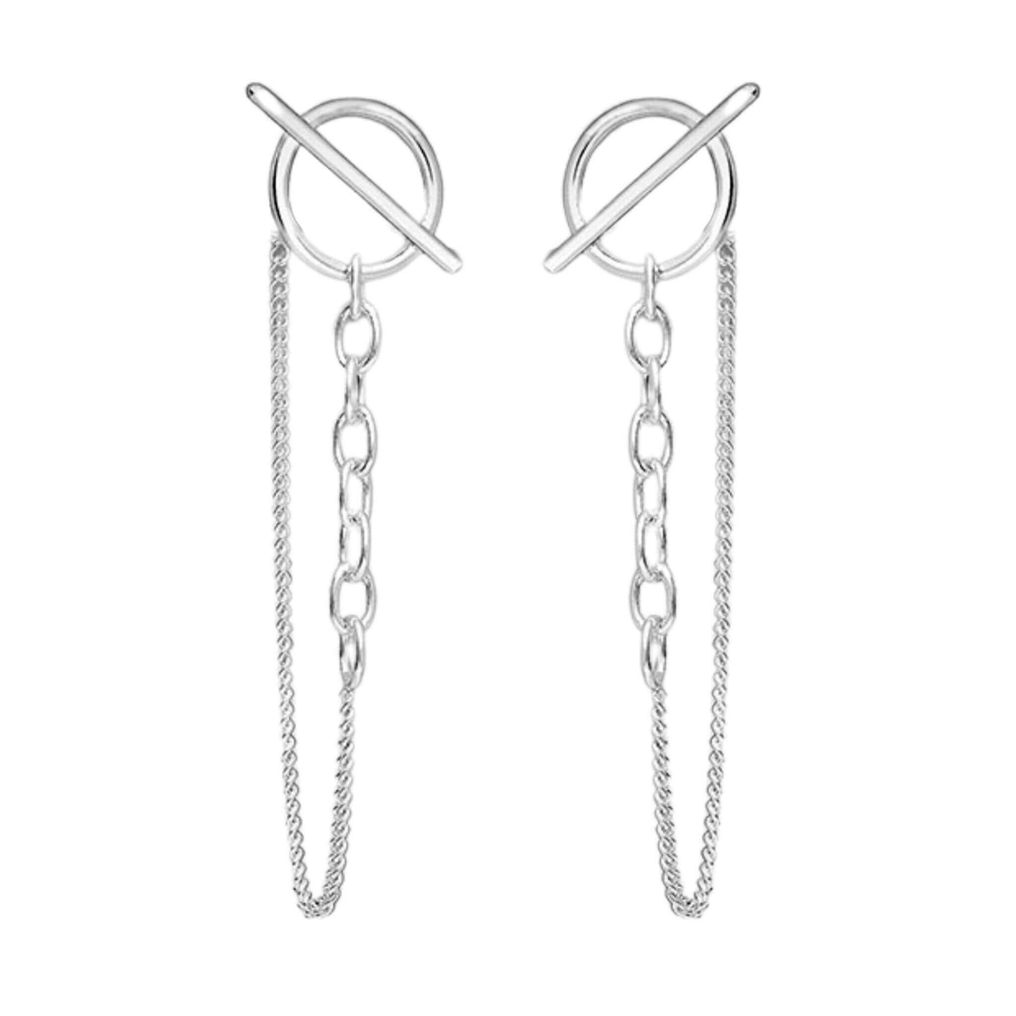 Circle Bar Chain Stud Earrings In Sterling Silver - Length 40mm