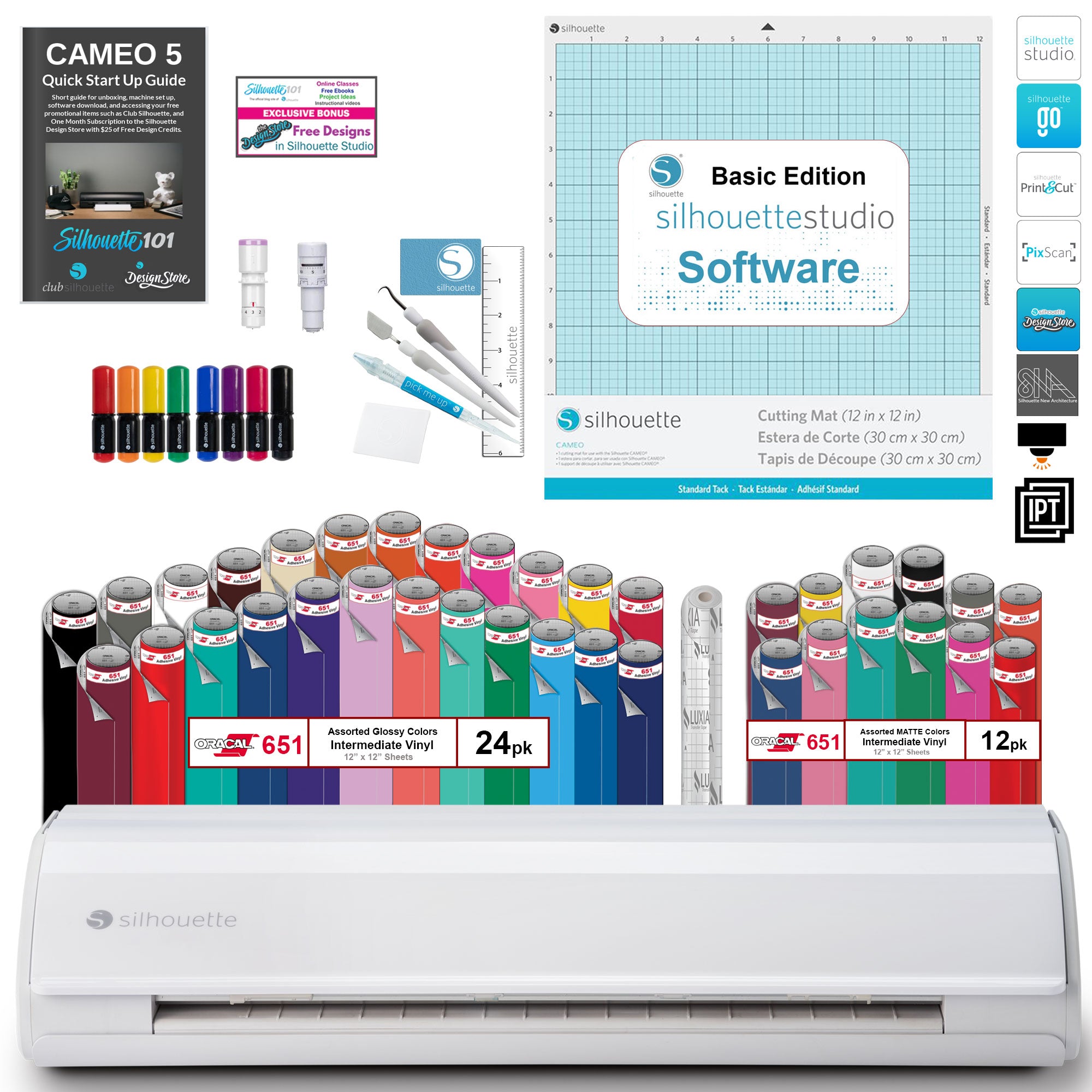 Silhouette Cameo 4 Plus Bundle with 2 Autoblades, 3 Different Cutting Mats, CC Vinyl Tool Kit, 100 Designs, and Access to Ebooks, Classes and More