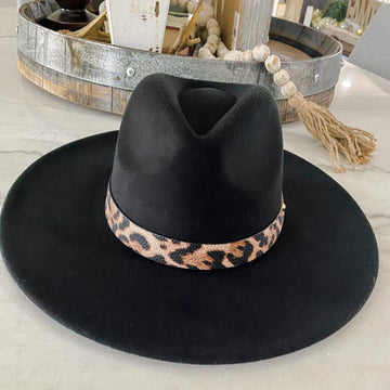 Flat Brim Hat with Leopard Strap Detail-Black