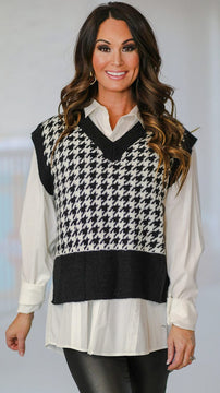 Houndstooth Pattern Sweater Vest-Black & White