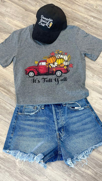 It's Fall Y'all Red Truck Graphic Tee-Heather Grey