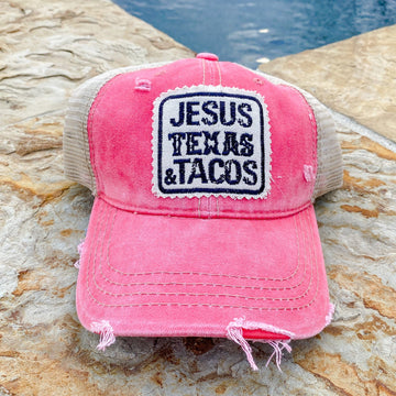 Jesus, Texas & Tacos Patch Distressed Hat-Pink