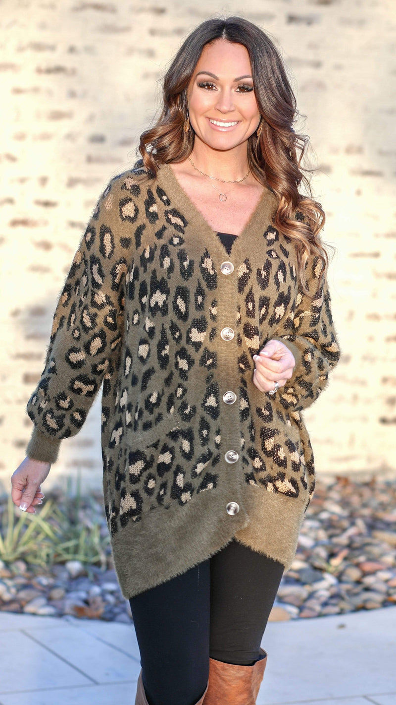 Leopard Print Sweater Cardigan-Olive