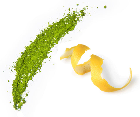 Powder of green matcha and a yellow lemon peel