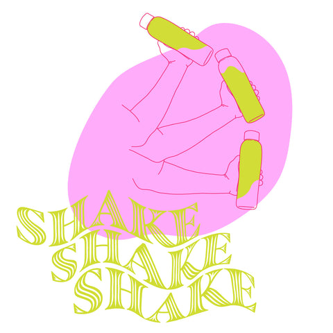 just shake shake shake. illustration of arms shaking bottle with matcha.