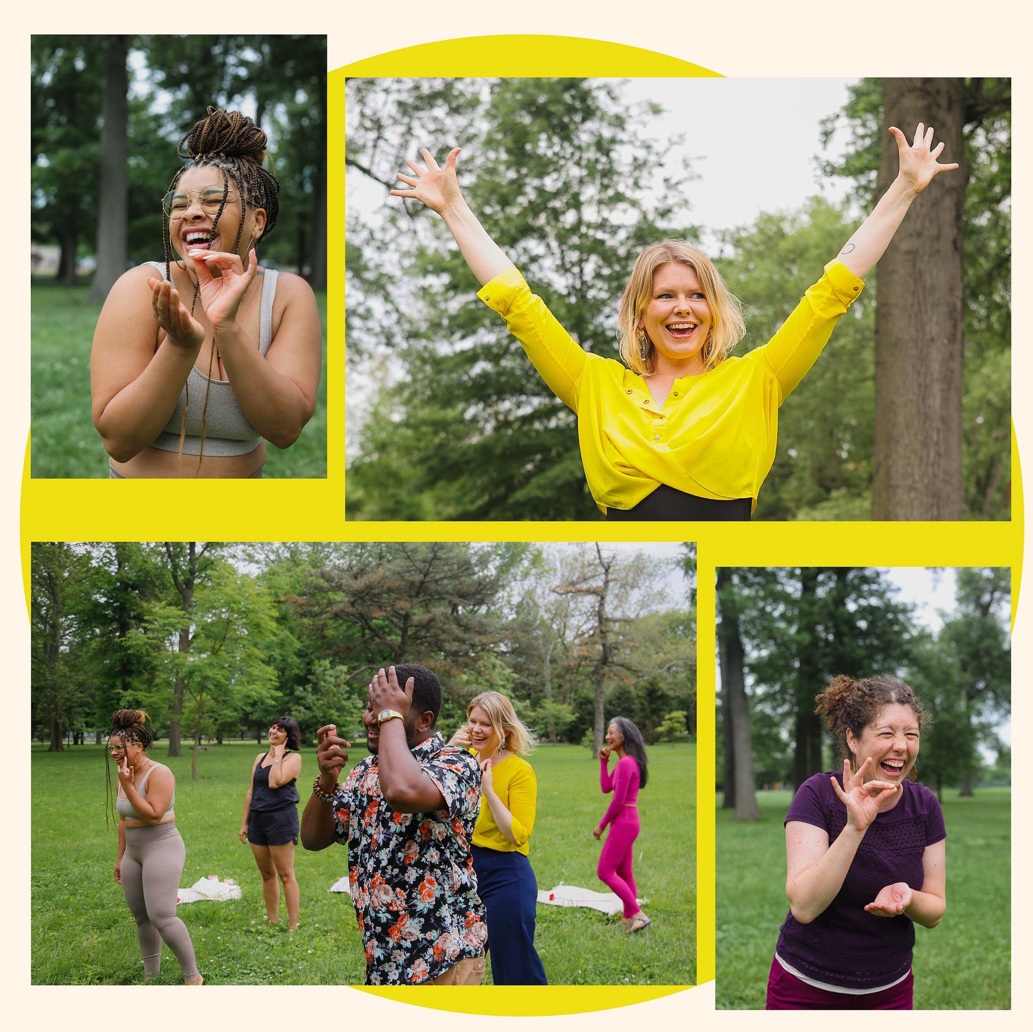 Image of people standing and smiles on their faces doing laughing yoga.