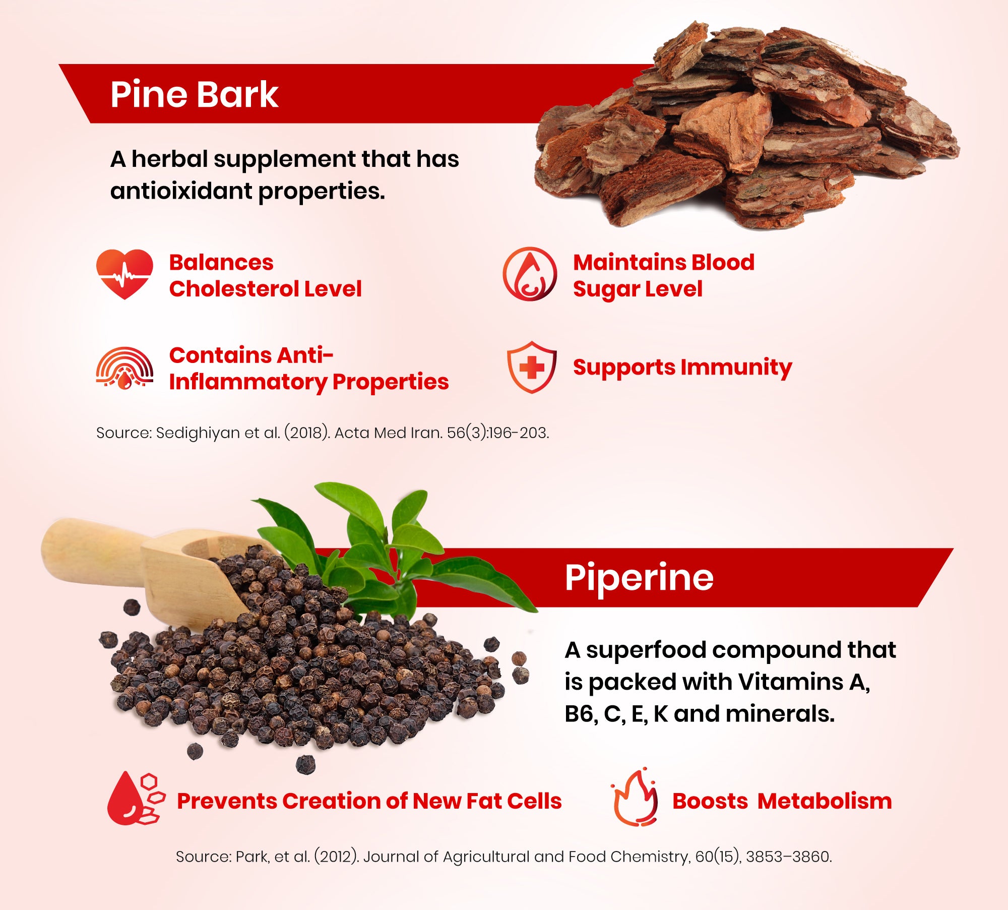 Pine bark, an herbal supplement that contains antioxidant and anti-inflammatory properties. Also, Piperine, a superfood that is packed with vitamins A, B6, C, E, K, and minerals for inhibiting the creation of new fat cells.