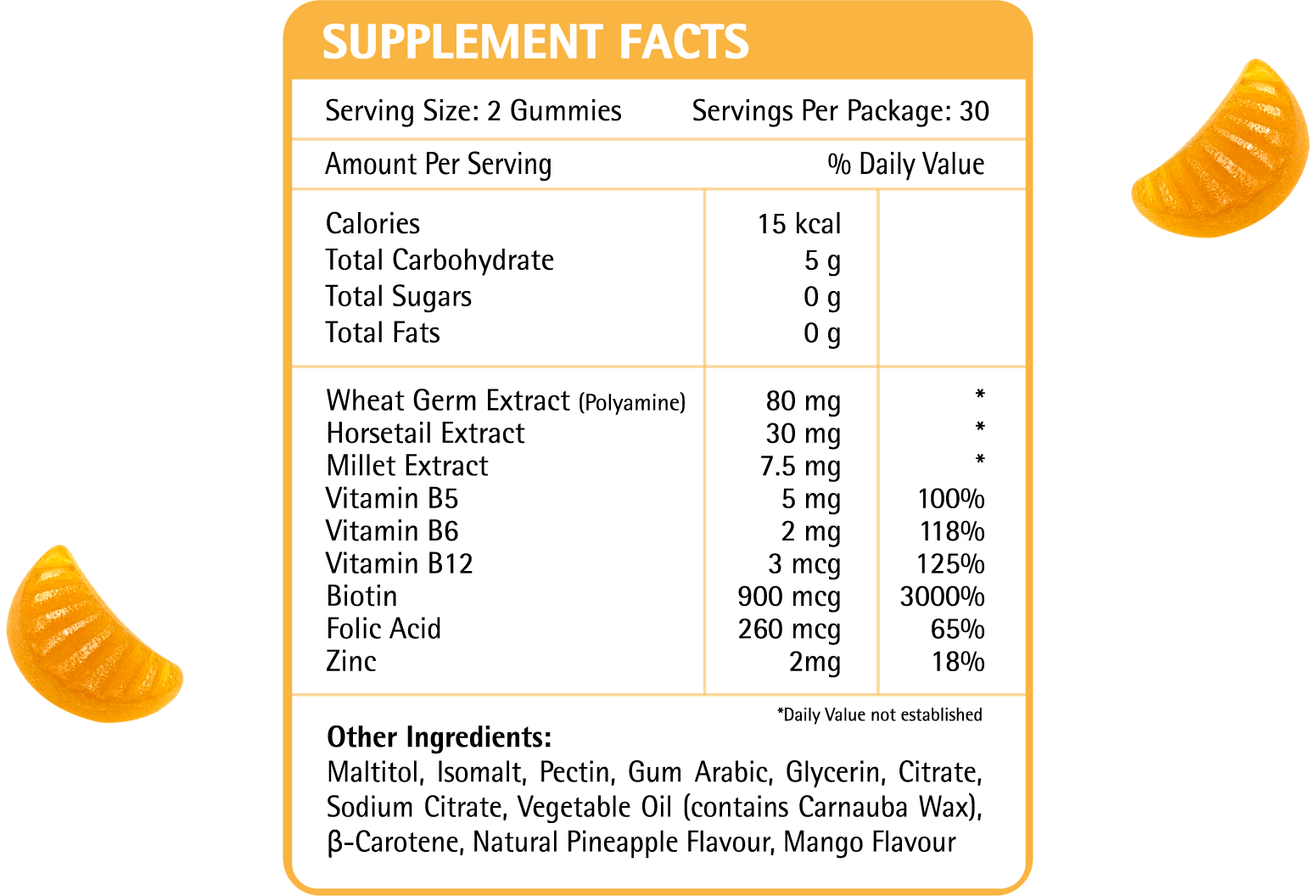 AVALON® Polyamine Hair and Scalp Gummies are made with Wheat Germ Extract 0.2% Spermidine (Polyamine), Horsetail Extract, Millet Extract, Vitamin B5 (Pantothenic Acid), Vitamin B6 (Pyridoxine), Vitamin B12 (Cobalamin), Biotin, Folic Acid, Zinc. Our gummies help promote healthy hair follicles, promote hair growth and volume, support healthy scalp and improve hair texture. Formulated for daily use, our gummies are sugar-free, contain just 15 calories, cruelty free, allergen free and non-GMO. Suitable for vegans.