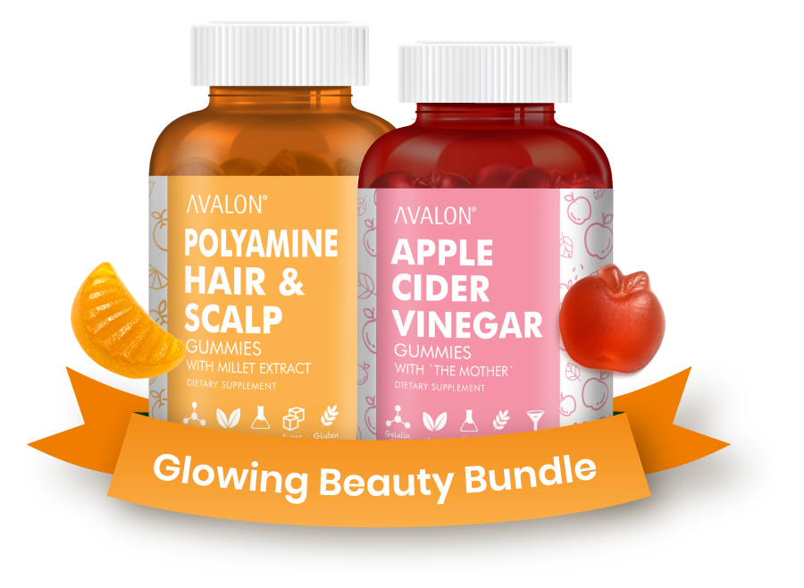 AVALON® Polyamine Hair and Scalp Gummies are made with Wheat Germ Extract 0.2% Spermidine (Polyamine), Horsetail Extract, Millet Extract, Vitamin B5 (Pantothenic Acid), Vitamin B6 (Pyridoxine), Vitamin B12 (Cobalamin), Biotin, Folic Acid, Zinc. Our gummies help promote healthy hair follicles, promote hair growth and volume, support healthy scalp and improve hair texture. Formulated for daily use, our gummies are sugar-free, contain just 15 calories, cruelty free, allergen free and non-GMO. Suitable for vegans.