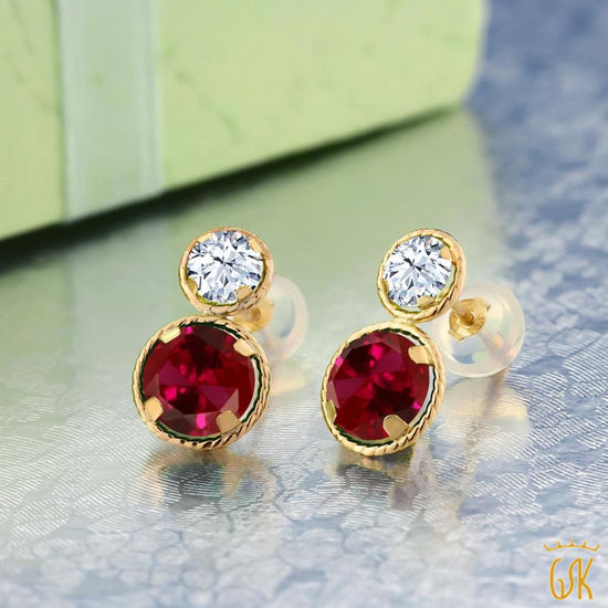 4.60 Ct Round Red Created Ruby 14K Yellow Gold Earrings | Gem Stone King