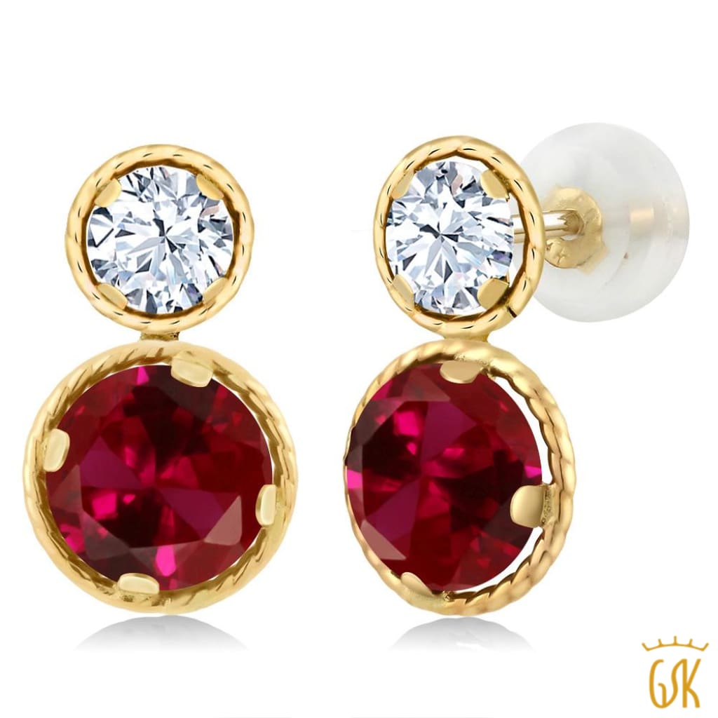 4.60 Ct Round Red Created Ruby 14K Yellow Gold Earrings | Gem Stone King