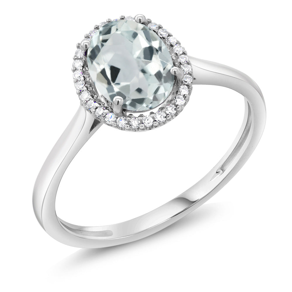 10K White Gold Diamond Ring 1.10 Cttw with Oval Sky Blue Aquamarine ...