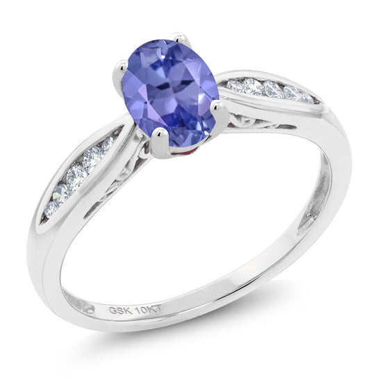 10K White Gold 0.82 Ct Oval Blue Tanzanite and Diamond Engagement Ring ...