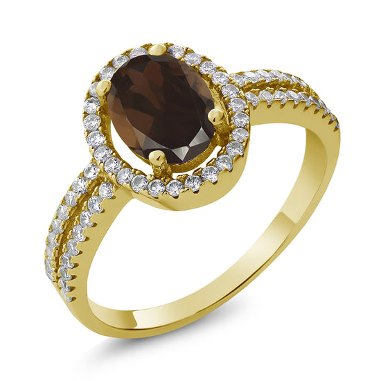 1.96 Ct Oval Brown Smoky Quartz 18K Yellow Gold Plated Silver Ring ...