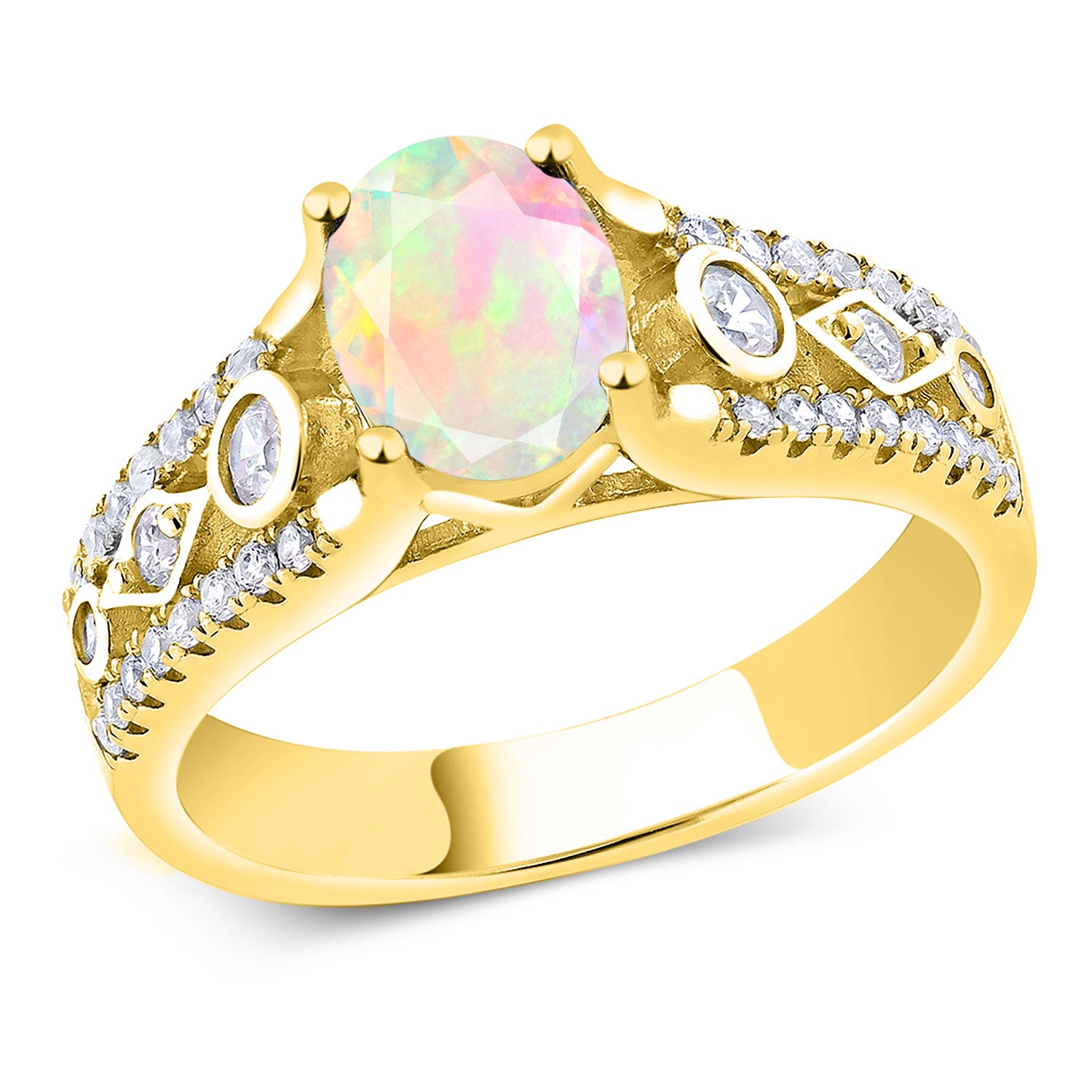 1.25 Ct Oval White Ethiopian Opal 18K Yellow Gold Plated Silver Ring ...