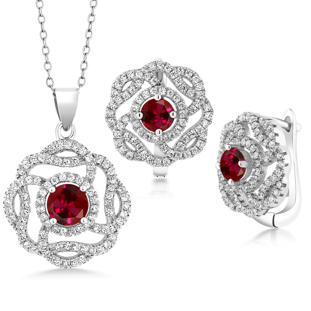 5.30 Ct Round Red Created Ruby 925 Sterling Silver Pendant Earrings Se ...