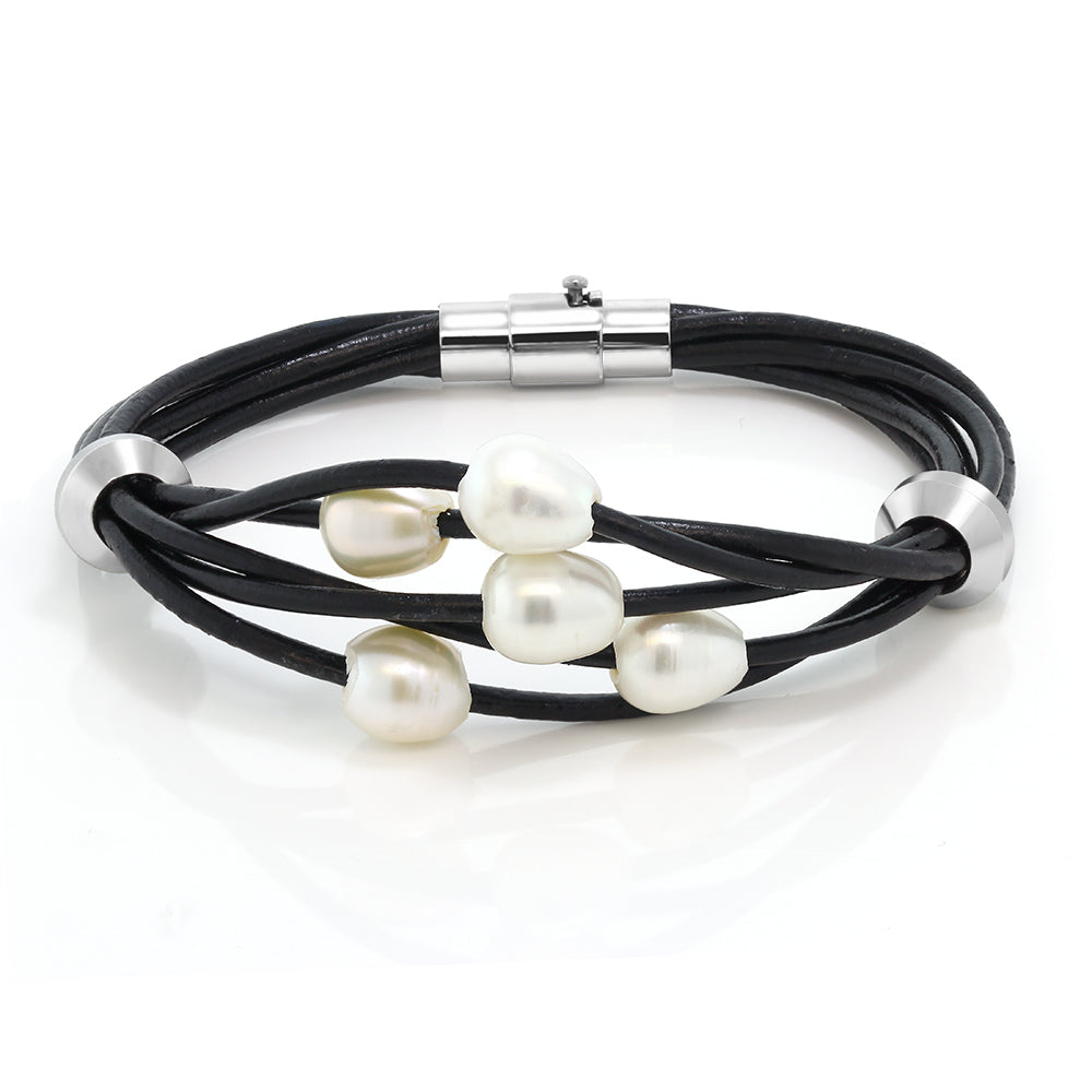 Cultured Freshwater Pearl 2 Beads Steel Magnetic Clasp Leather Bracele ...