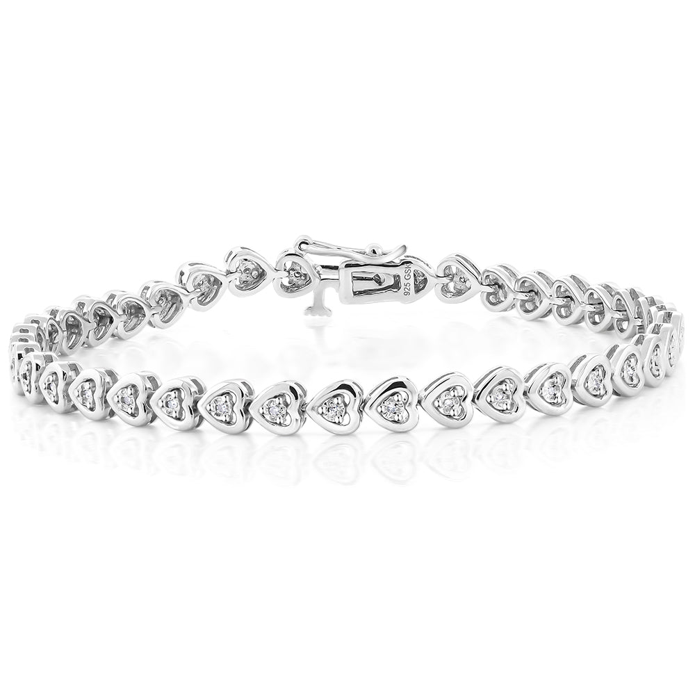 925 Sterling Silver Diamond Heart Shape Women's Bracelet Fits Up 7 Inc ...