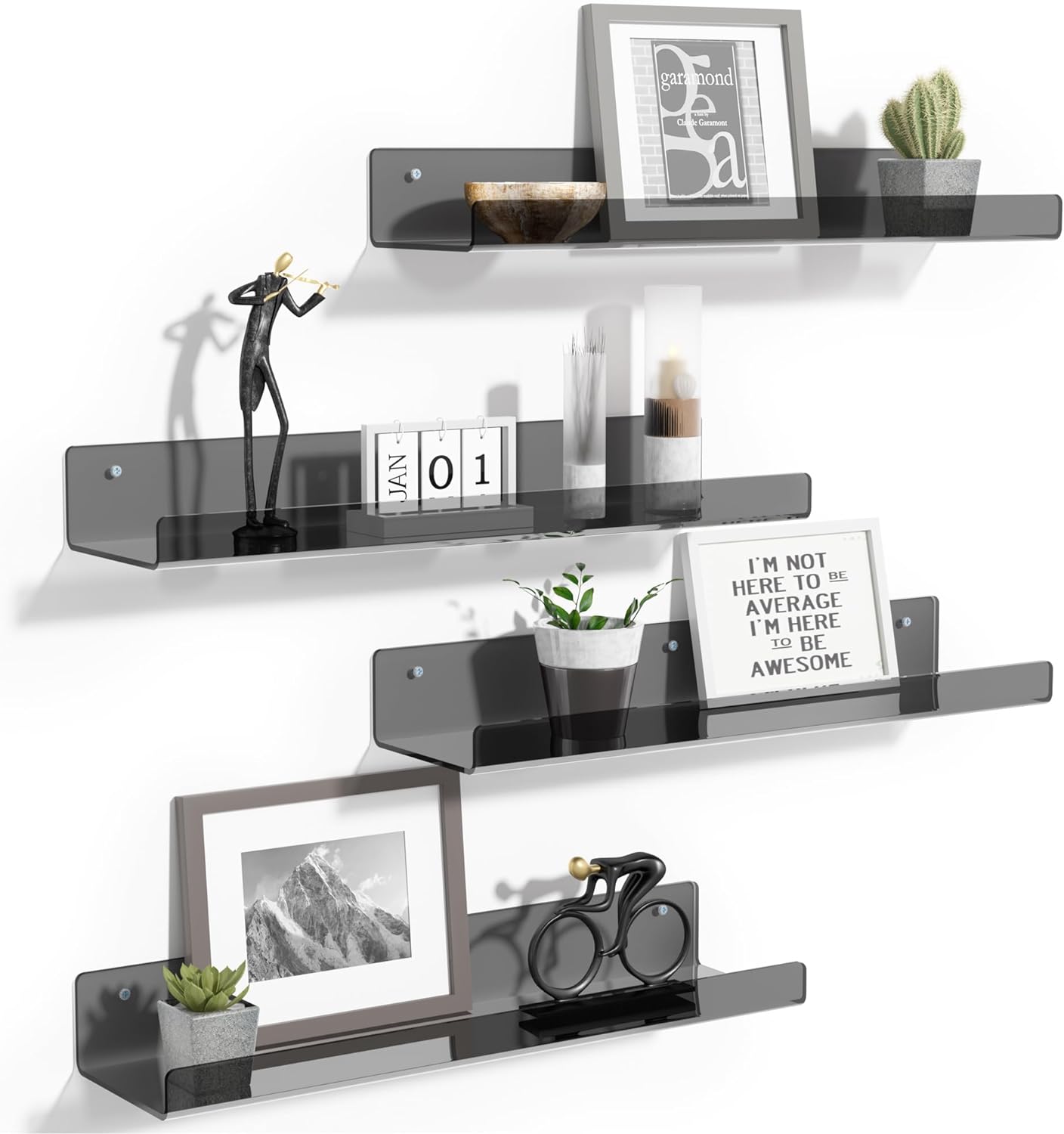upsimples Clear Black Acrylic Shelves for Wall Storage, 15" Acrylic Floating Shelves Wall Mounted, Kids Bookshelf, Display Ledge Wall Shelves for Bedroom, Living Room, Bathroom, Set of 4