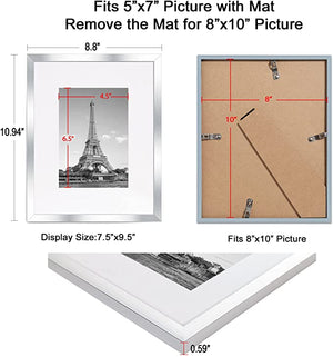 upsimples 8x10 Picture Frame Set of 10,Display Pictures 5x7 with Mat or 8x10 Without Mat,Multi Photo Frames Collage for Wall or Tabletop Display,Silver