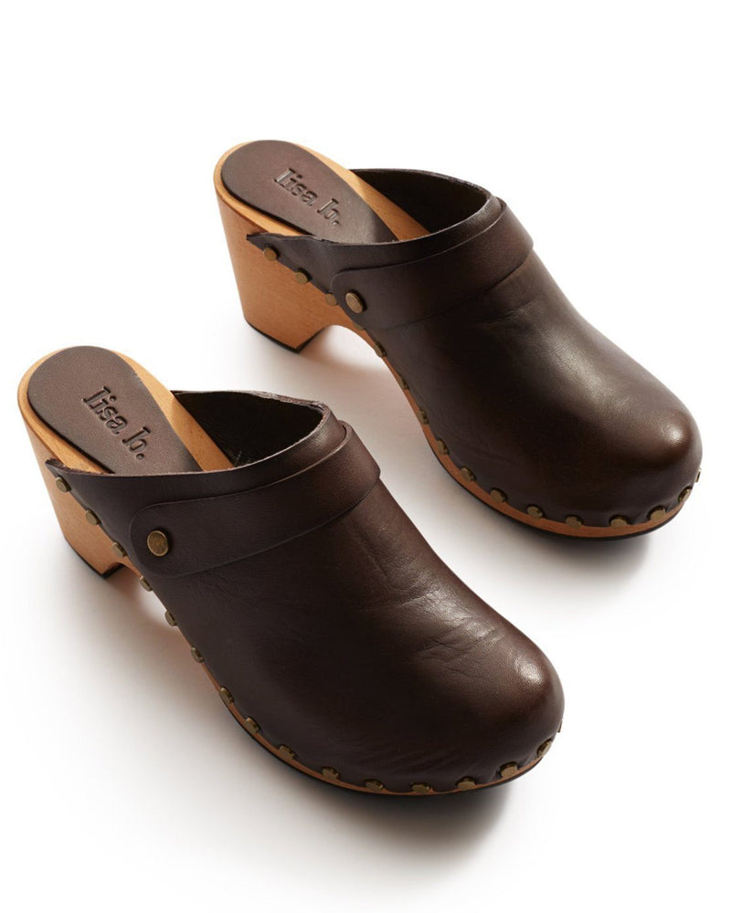 High Heel Leather Clogs in Dark Brown 