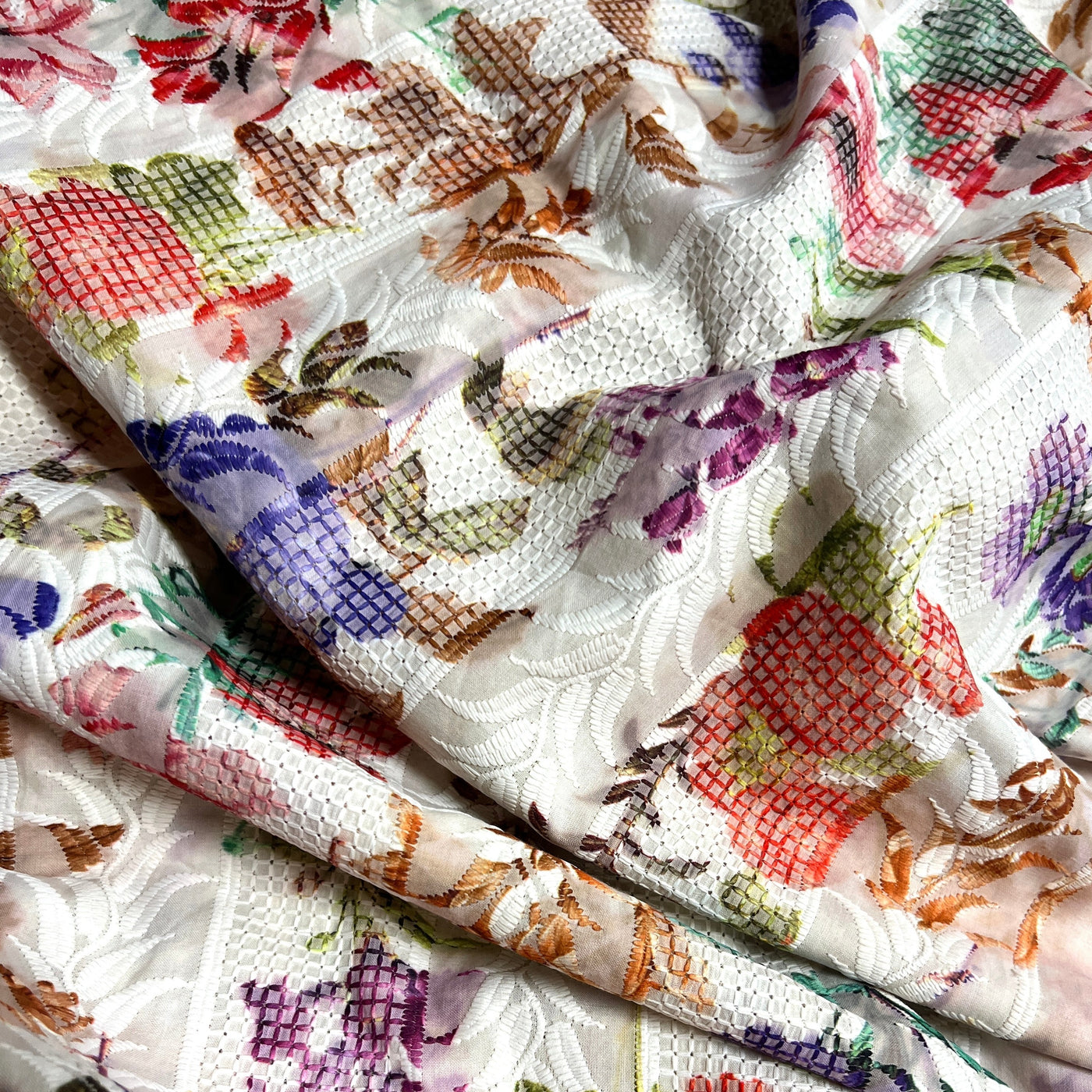 Hakoba Cotton Embroidered Fabric on Cream – Royal Motif Fabrics