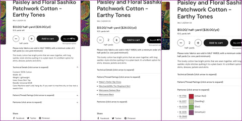 Three images showing the Technical Details, Matching Patterns/Thread, and Pantones tabs