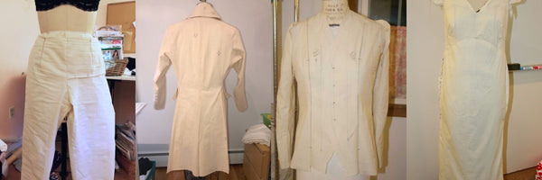 Four different test garments. L-R Pants, a coat, a jacket, an evening gown.