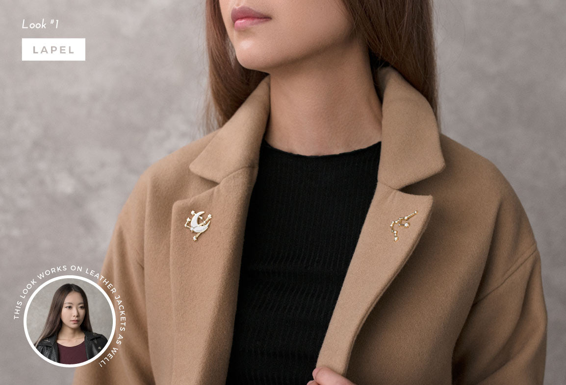 Enamel pins on wool jacket lapel