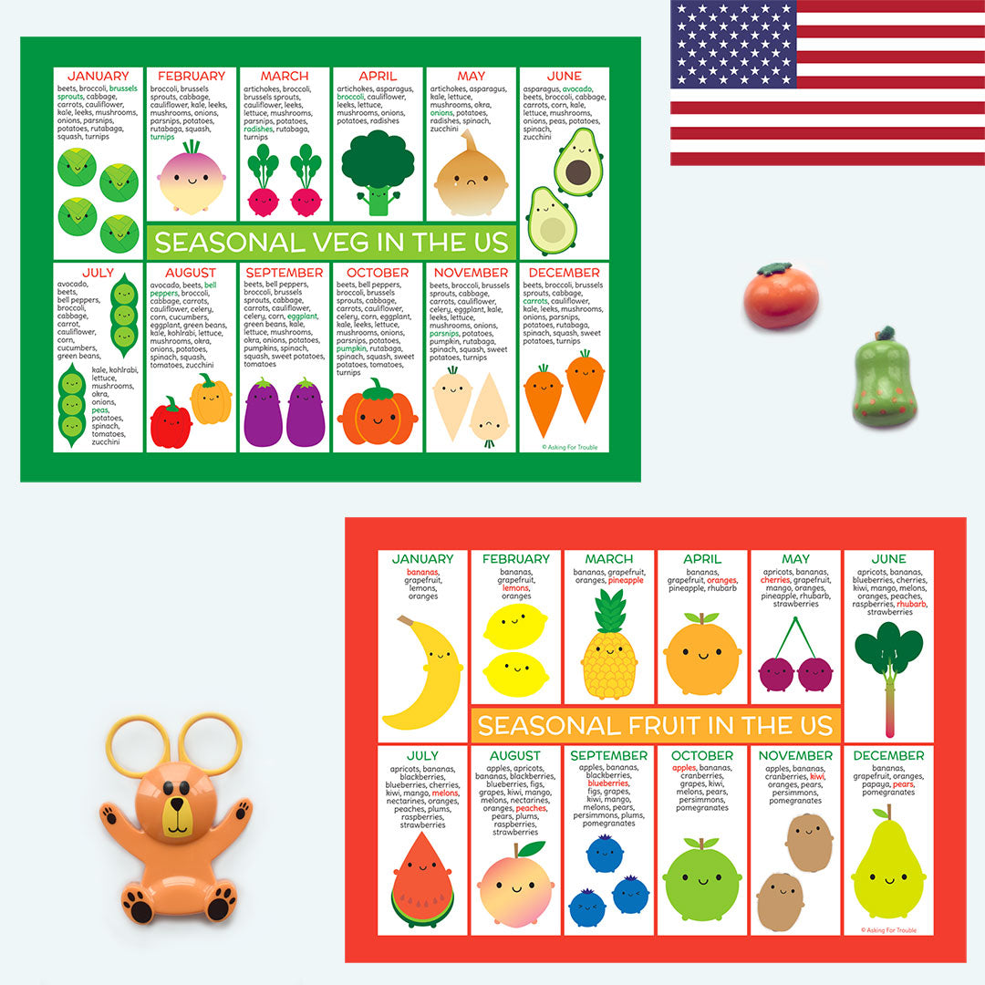 Kawaii lllustrated seasonal fruit and vegetables charts for the USA