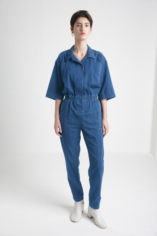 women's blue denim jumpsuit