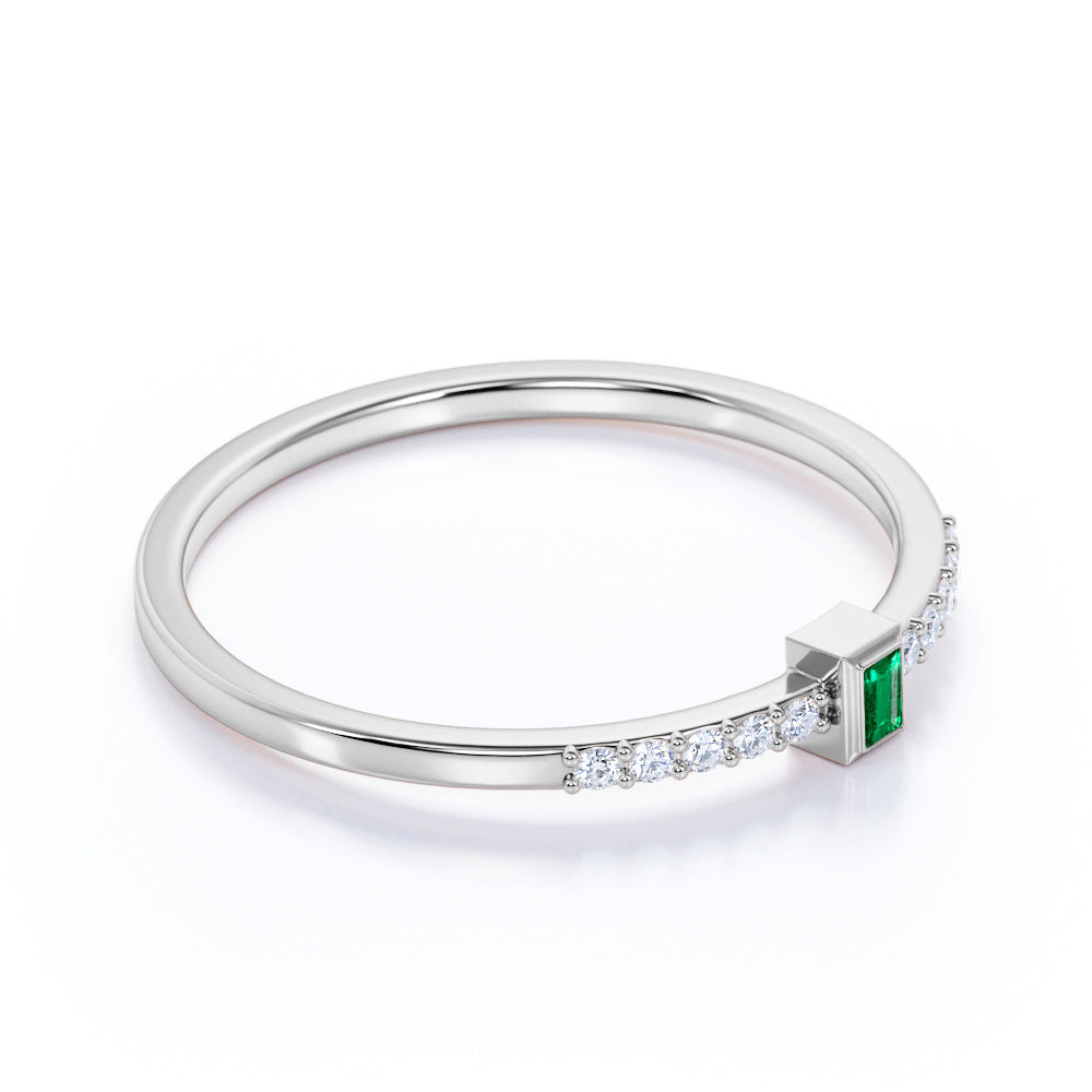 Bezel Set Emerald Cut Emerald and Scallop Diamond Dainty Engagement Ring in White Gold