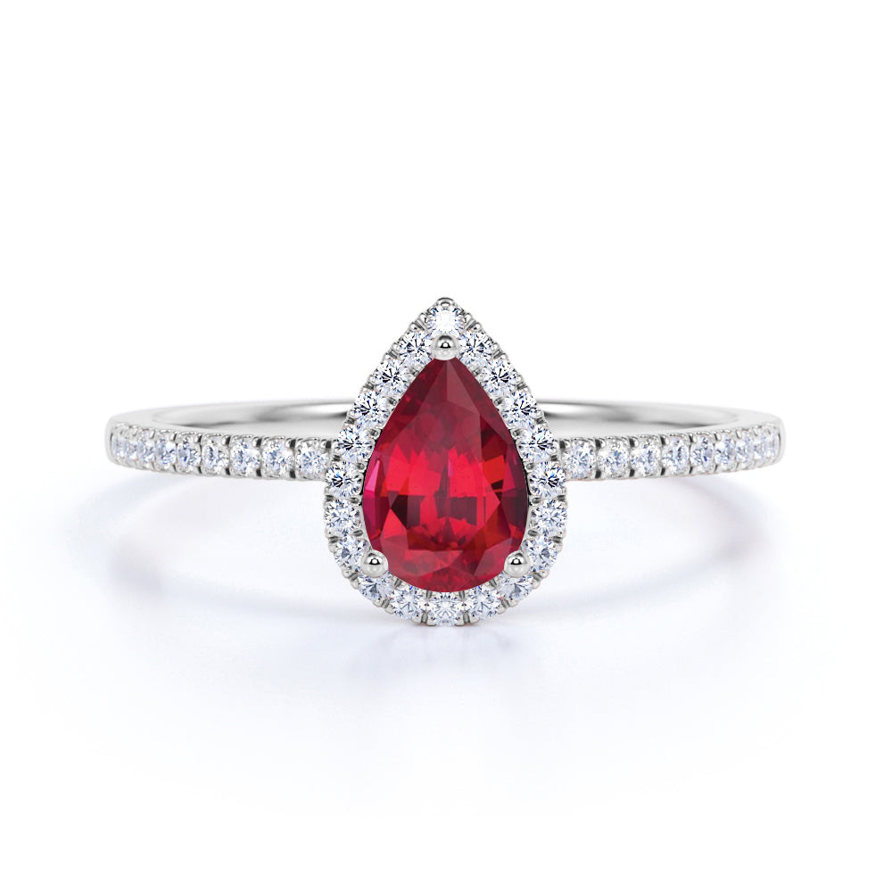 Pave 1.75 Carat Pear Cut Ruby and Diamond Vintage Engagement Ring in W ...