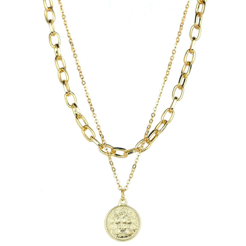 3-Layered Necklace Set - Large-Small Queen Elizabeth II Coins Necklaces - 18K Yellow Gold Plating Over Silver - Mixed Chain Necklace Set, Women's