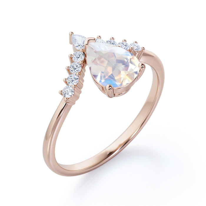 Lovely 0.9 carat Pear Moon Stone and Moissanite Nestled Engagement Rin ...